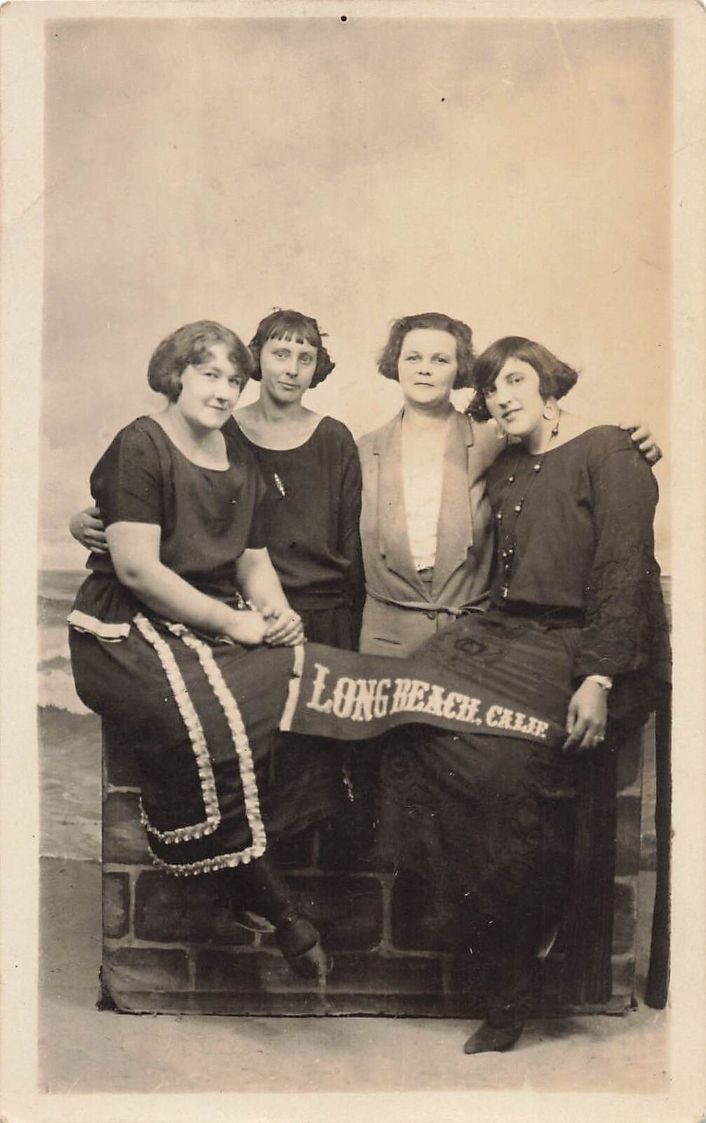 Vintage RPPC 1920s Long Beach California Pennant Young Pretty Girls Lesbian 