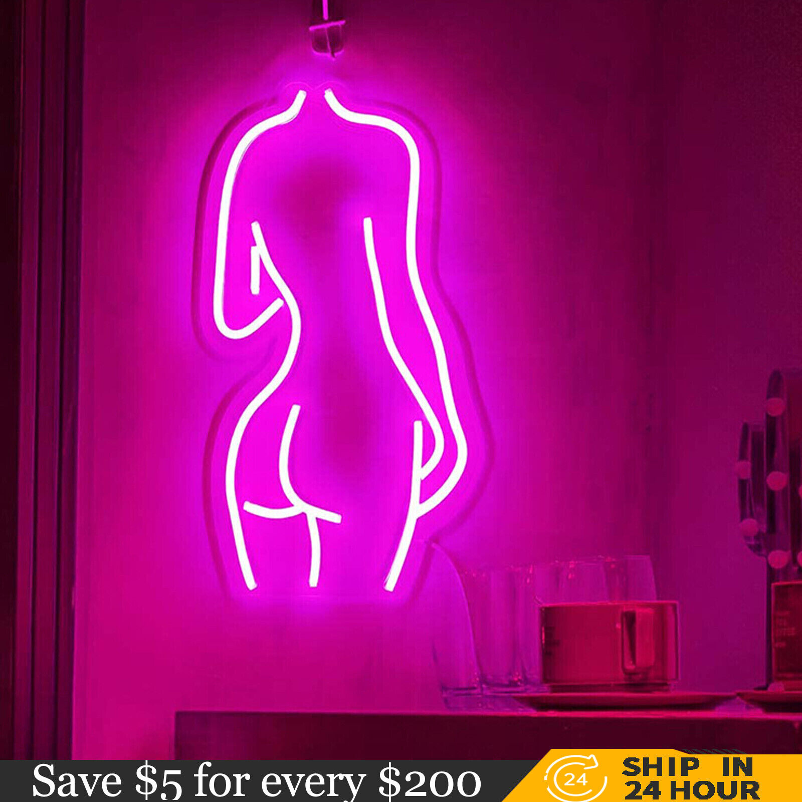 Pink Lady\'s Back Neon Light Bar Pub Neon Sign Artistic Wall Neon Sign 15W+USB