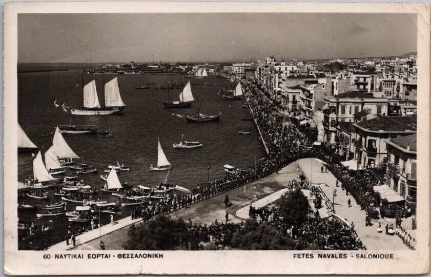1949 THESSALONIKI Greece Real Photo RPPC Postcard Bird\'s-Eye Waterfront View