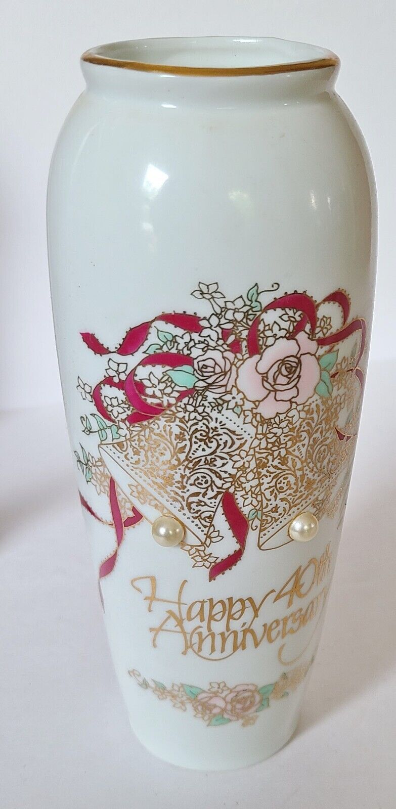 1987 Roman 40th Anniversary Vase White w Ruby Ribbons Faux Pearls Bells