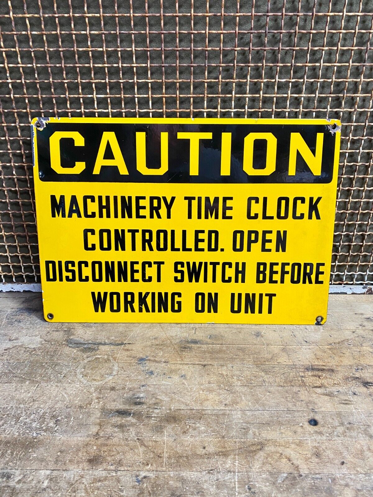 Porcelain CAUTION Sign Machinery Time Clock Controlled