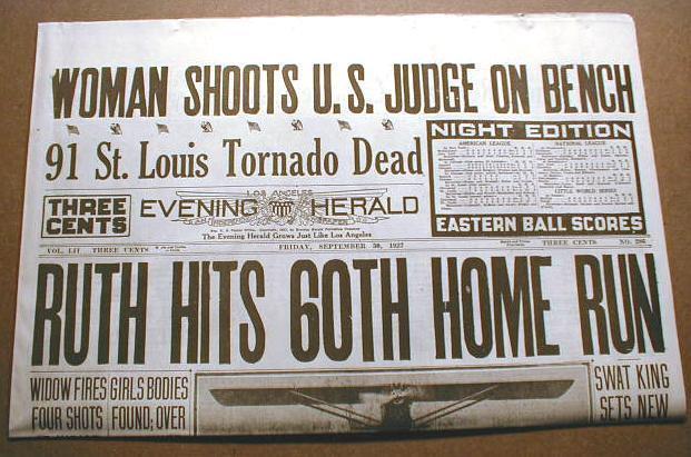 1927 reprint newspaper w Banner Headline BABE RUTH sets new HOME RUN RECORD o 60