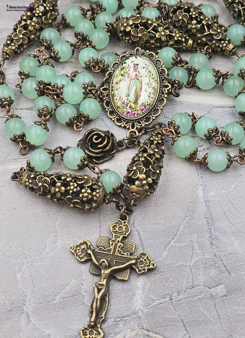 Ornate Our Lady of Lourdes Bronze Tone Rosary - Light Green Jade ,Flowers