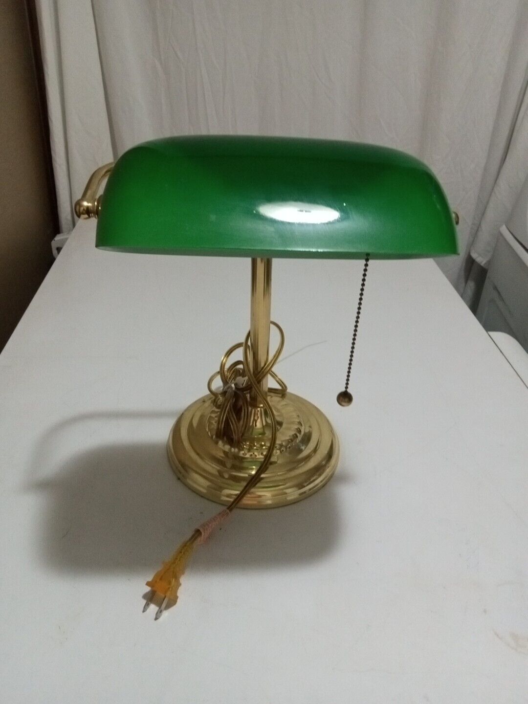 Vintage Brass Green Emerald Glass Desk Shade Lamp With Pull Cord . Working