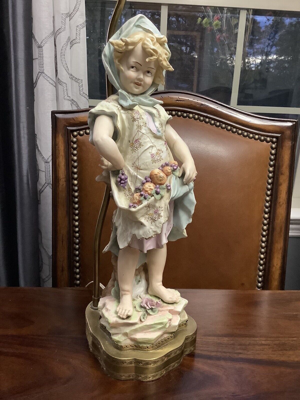 Antique Bisque Harvest Time Girl Porcelain Figural Lamp Signed J. Morie