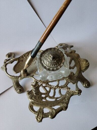 TELEFLORA Brass & Glass Inkwell Handled Pen / Letter Opener 