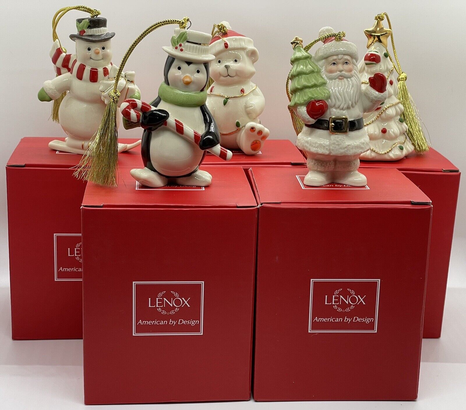 LENOX Ornaments Very Merry Porcelain Set of 5 Penguin Santa Snowman Bear Tree ￼