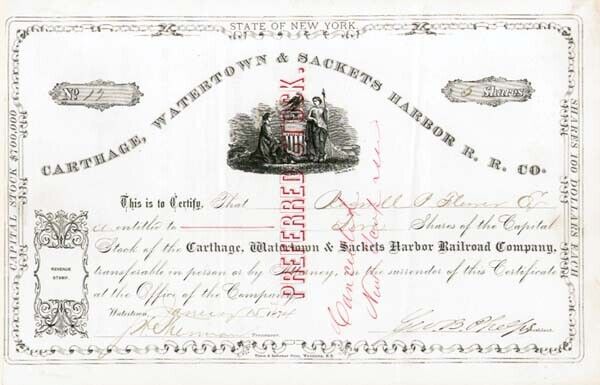 Carthage, Watertown & Sackets Harbor Railroad - Railway Stock Certificate - Rail