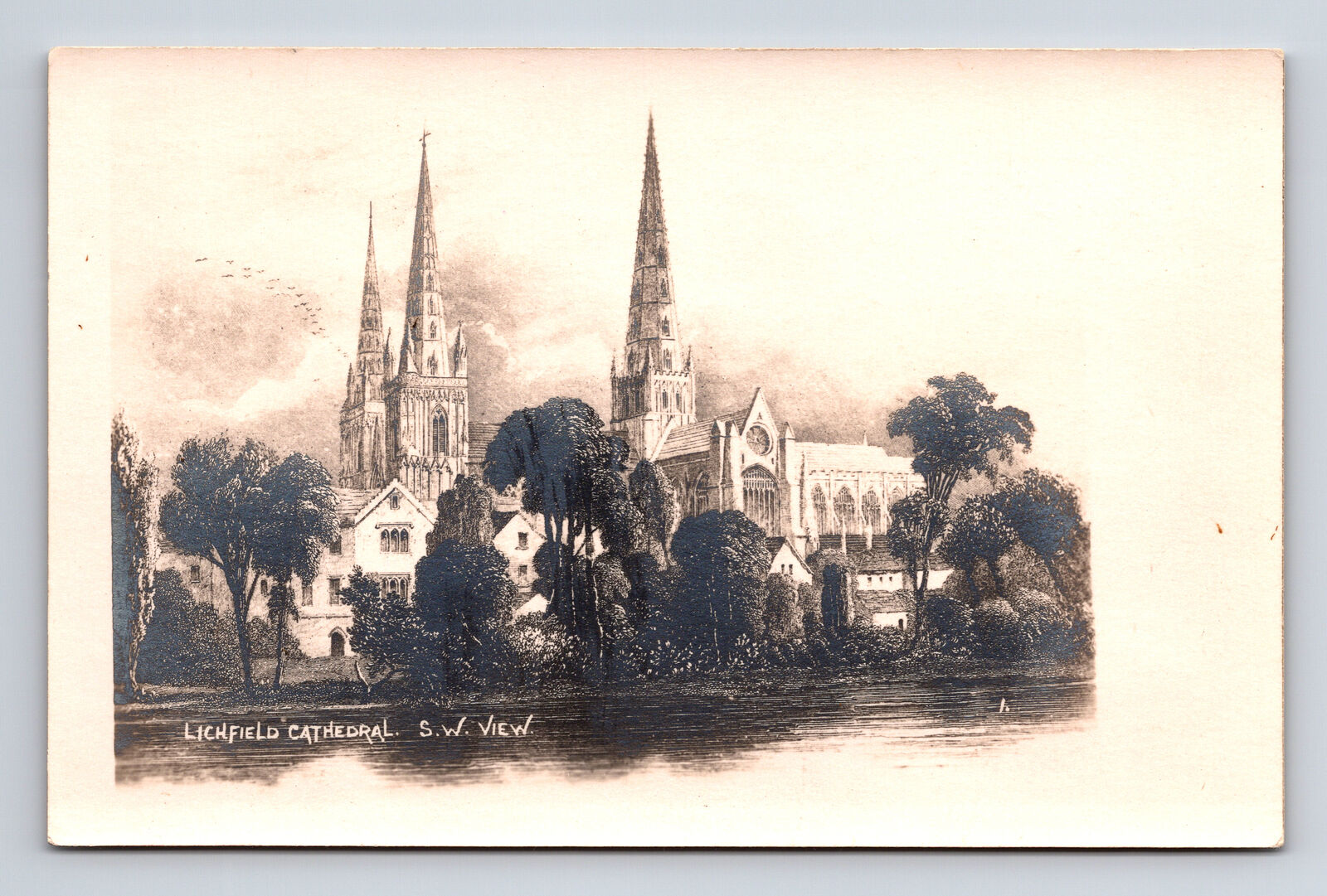 RPPC Lichfield Cathedral Lichfield England UK Real Photo of Engraving Postcard