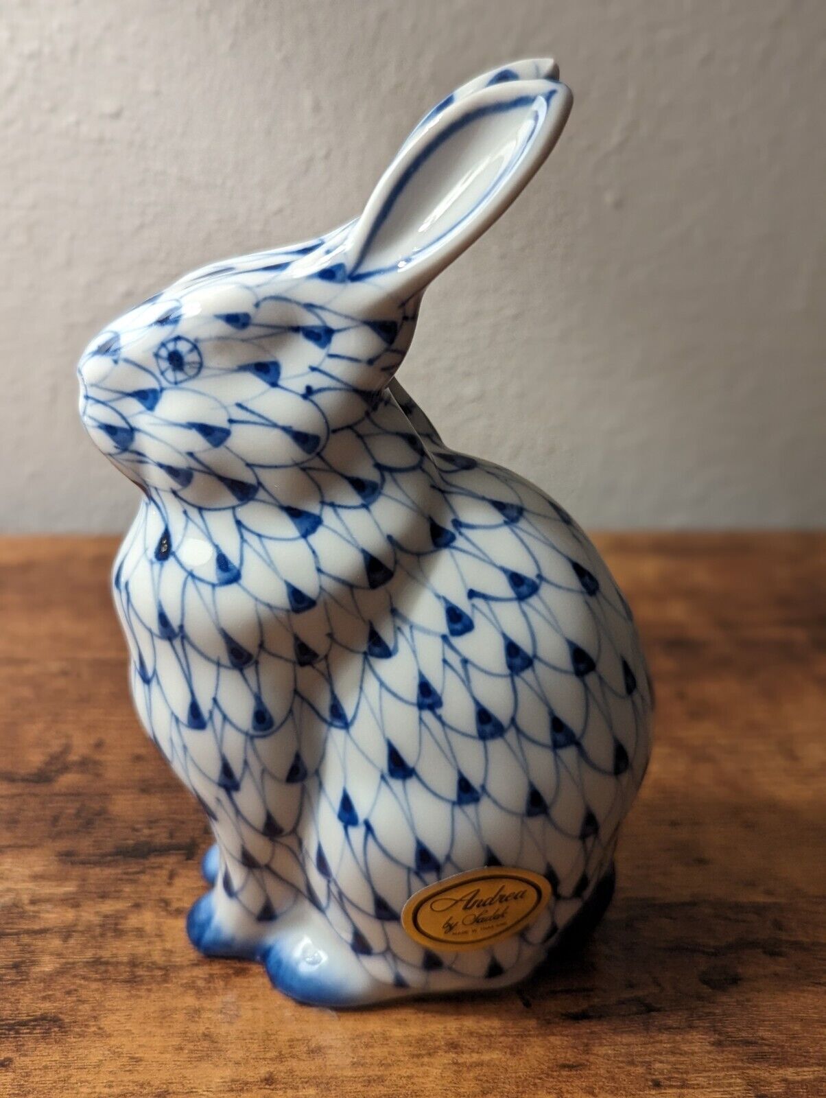 Andrea by Sadek Collectibles Blue and White  Porcelain Sitting Bunny Fishnet 