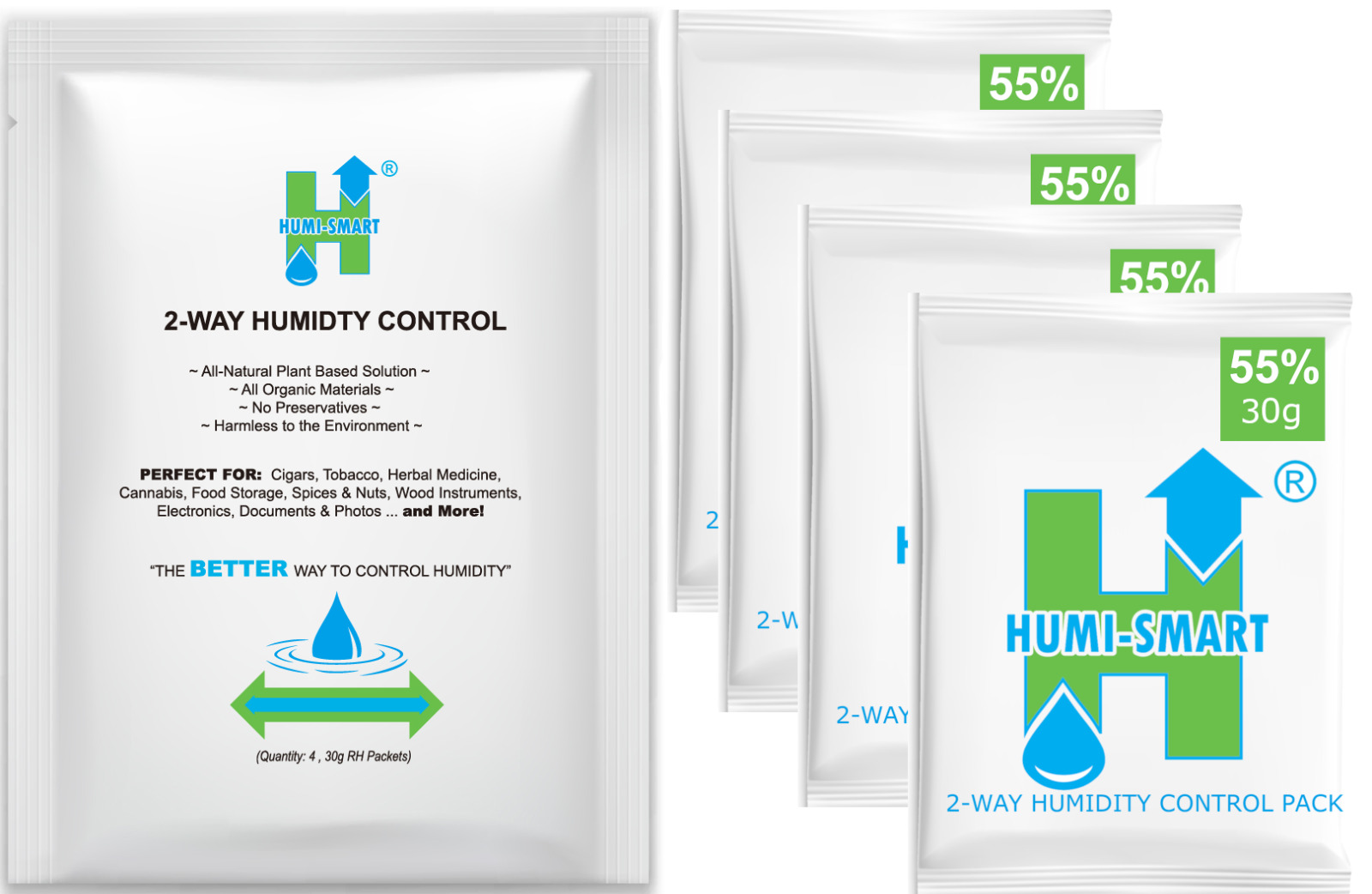 Humi-Smart 55% RH 2-Way Humidity Control Packet – 30 Gram 4 Pack