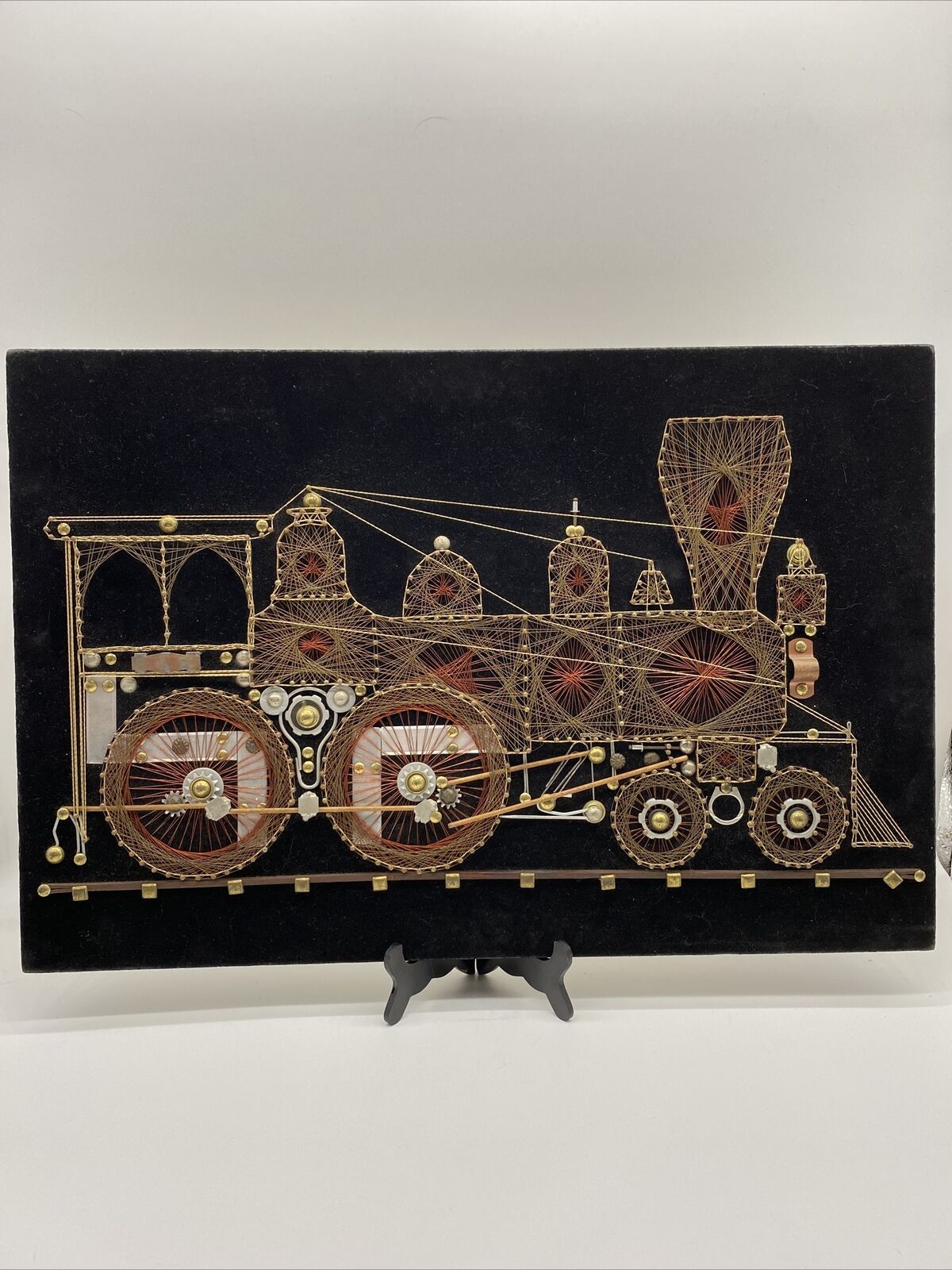 VTG handmade locomotive train engine copper wire wall art on Black velvet