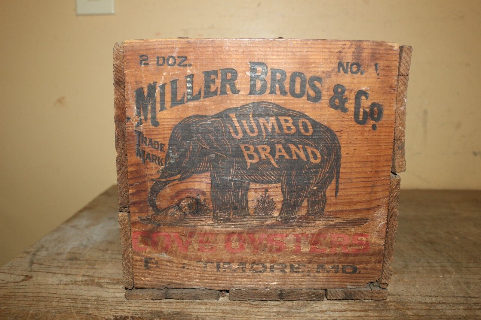 Antique Vintage Miller Bros. & Co. Jumbo Brand Cove Oysters Wood Crate Box Sign