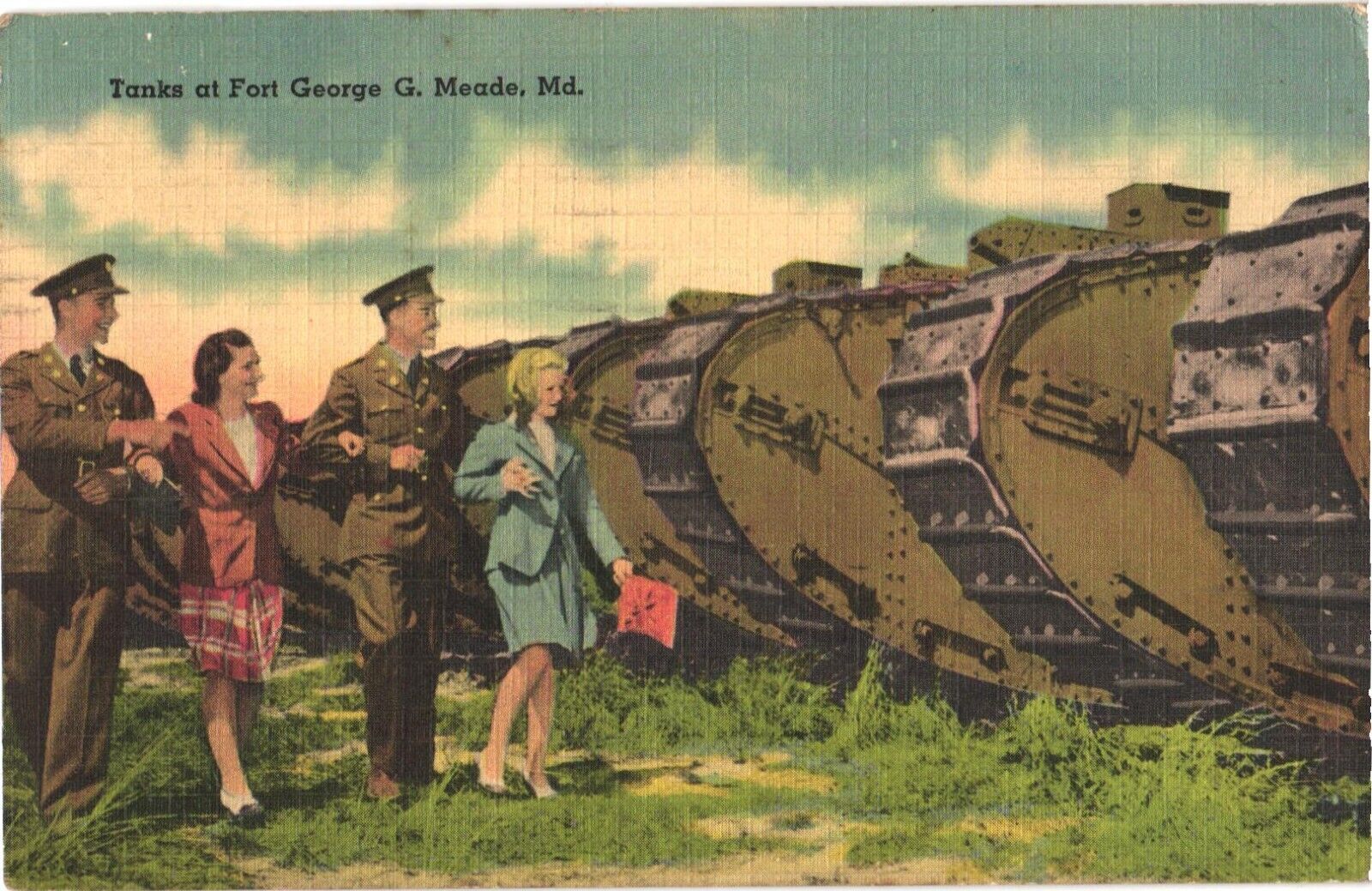 Men & Women Looking Around the Tanks at Fort George G. Meade, Maryland Postcard