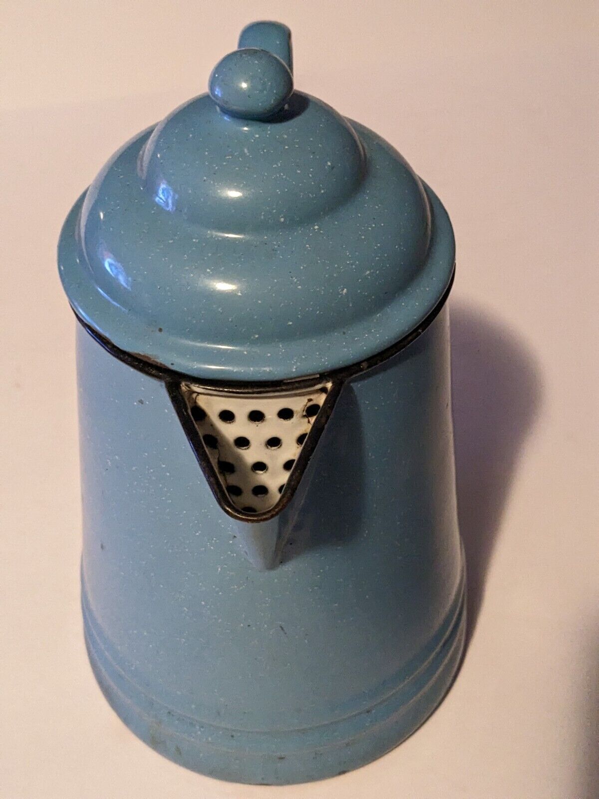 Large Vintage Enamelware Aqua Blue-White Speckled Cowboy Coffee Kettle Pot