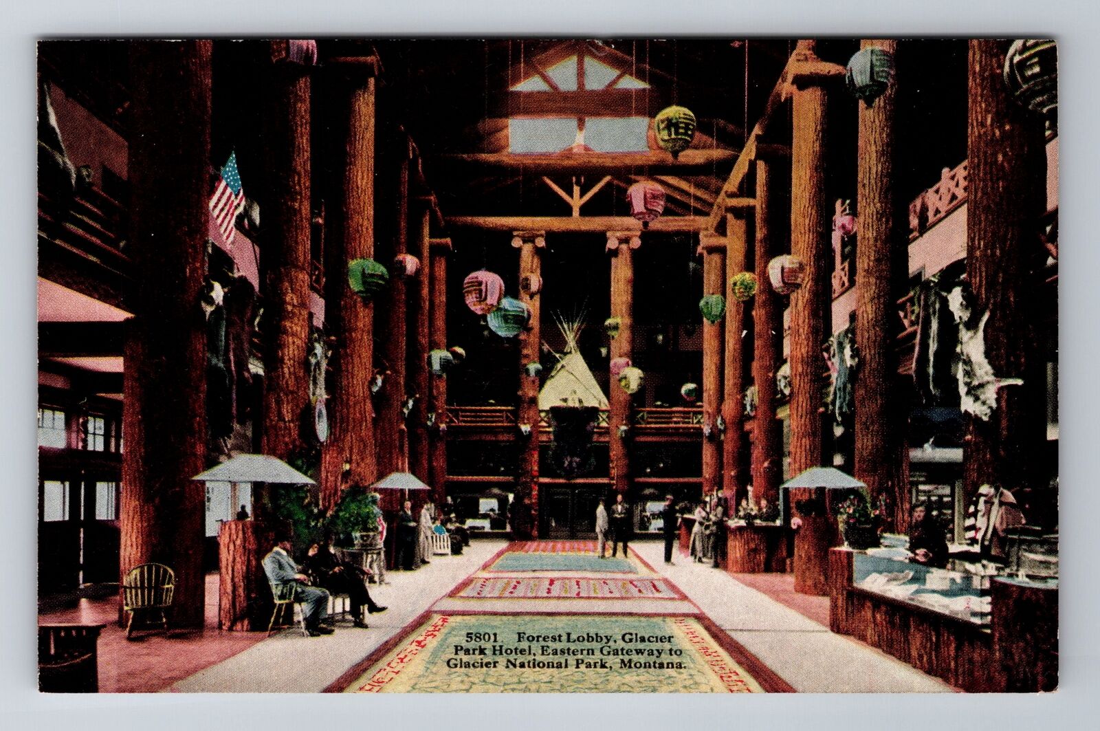 Glacier Park MT-Montana, Glacier Park Hotel Lobby, Advertising, Vintage Postcard