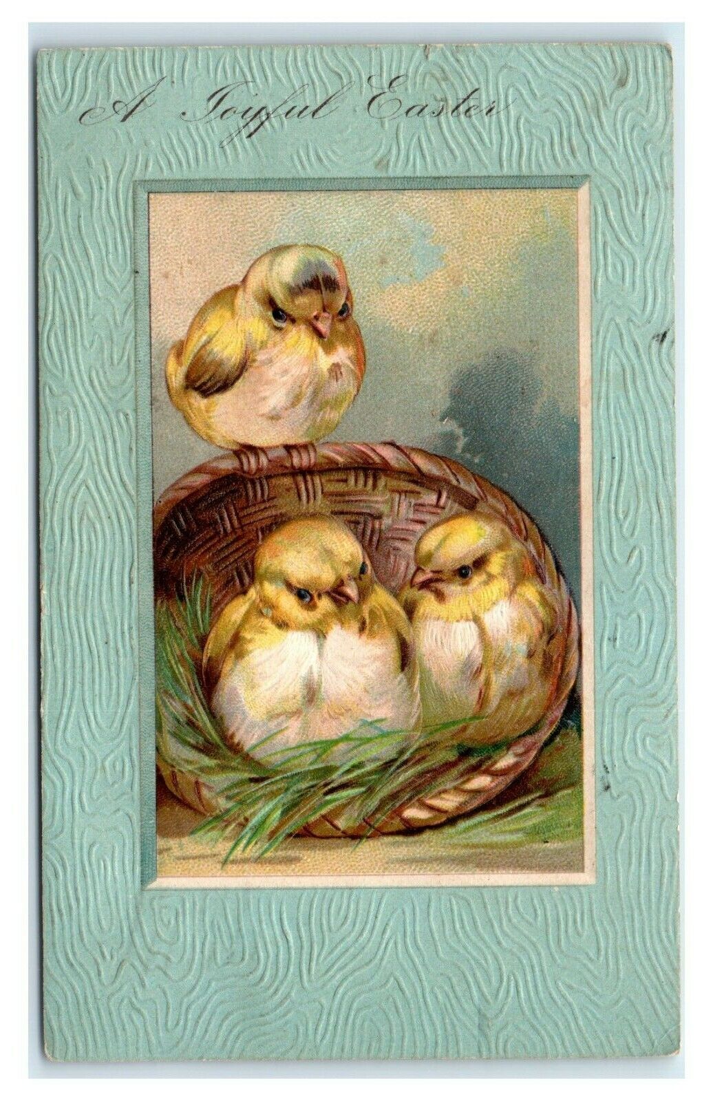 Postcard A Joyful Easter chicks basket embossed 1907 M47