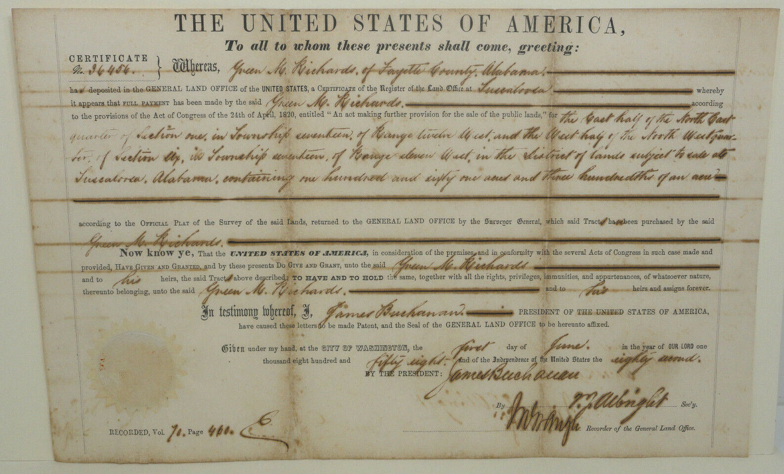 James Buchanan Signed Land Grant 1858 Vellum AL Historical Document Manuscript