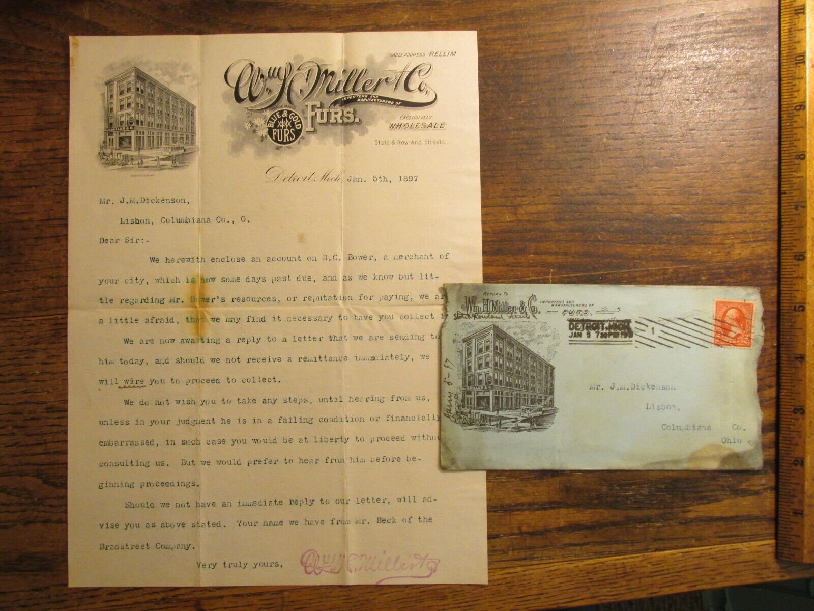Antique Ephemera 1897 Letterhead w/ Envelope Detroit MI Wm H Miller Furs