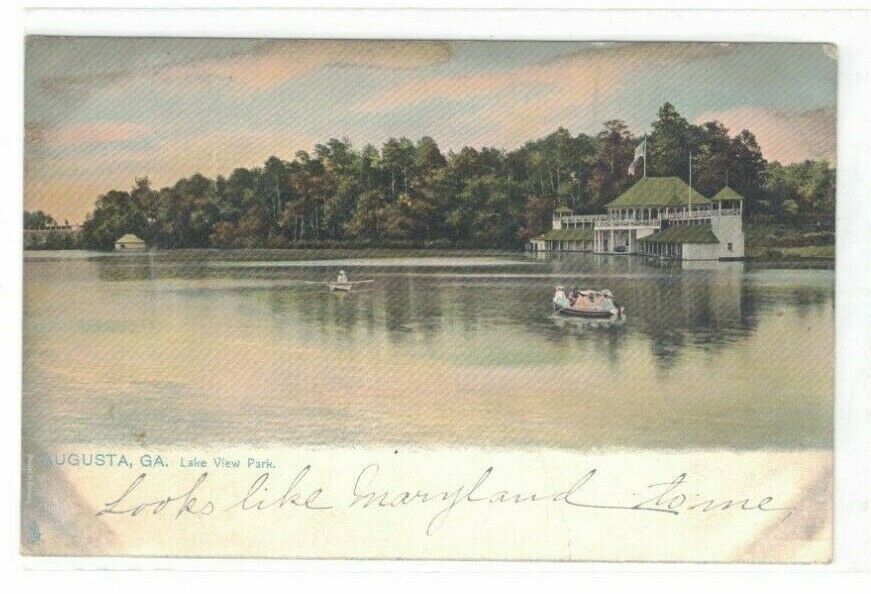 Augusta Georgia GA Lake View Park Circa 1912 Postcard Boathouse Rowboat
