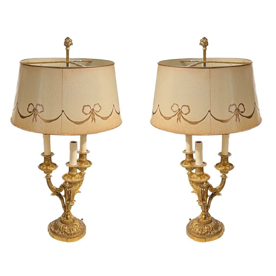 Pair Antique Bronze Bouillotte Lamps in French Louis XVI Style