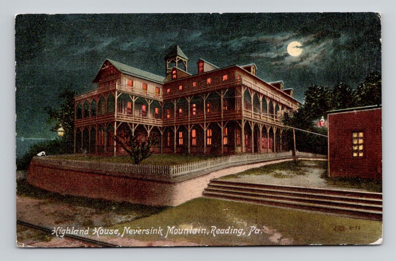 Postcard Highland House at Night Neversink Mountain Reading PA, Antique A6