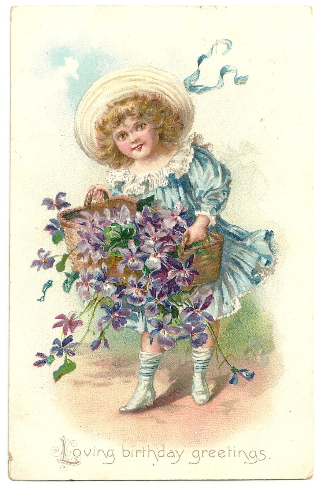 1900s Postcard Raphael Tuck Antique Birthday Greetings Girl Basket Flower VTG