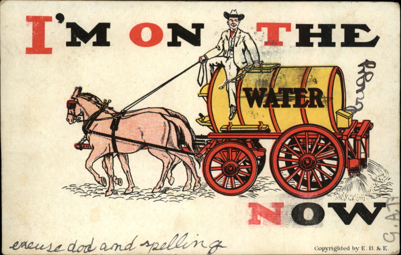 Comic I\'m On The Water Wagon alcoholic UDB 1907 to MANNING Bethel VT postcard