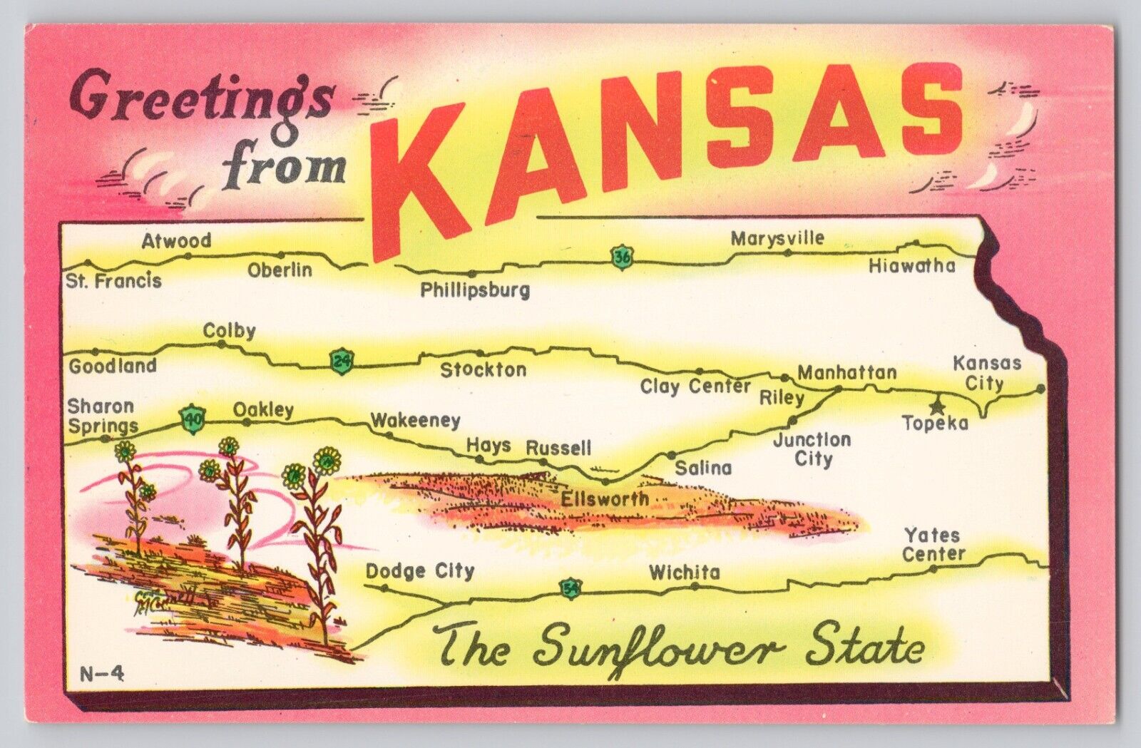 Postcard Greetings From Kansas State Map Flag Bird Flower Unposted  JF1.46