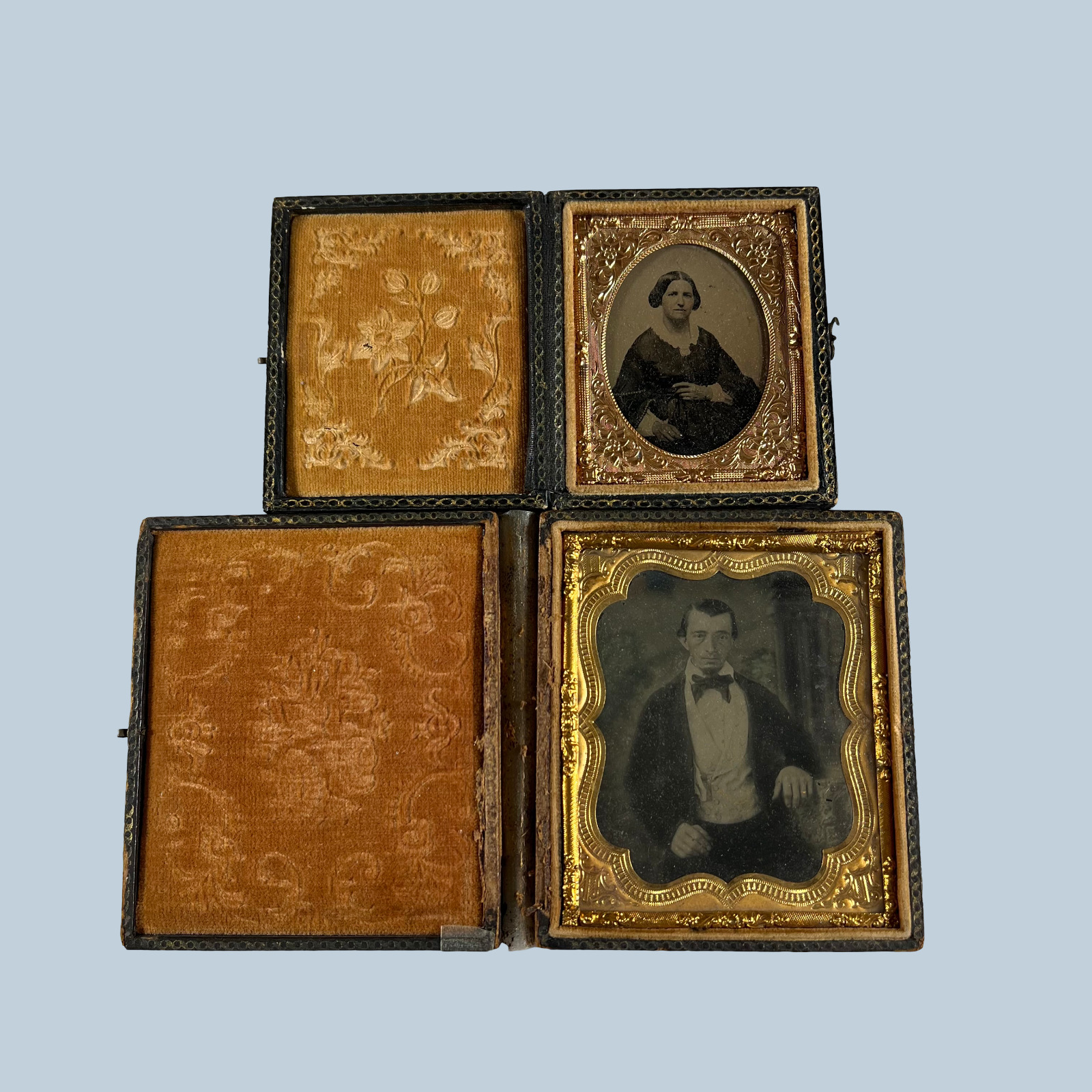 2 Antique Tintype Daguerreotype Man Resembling Lincoln In Bow Tie & Woman Photos