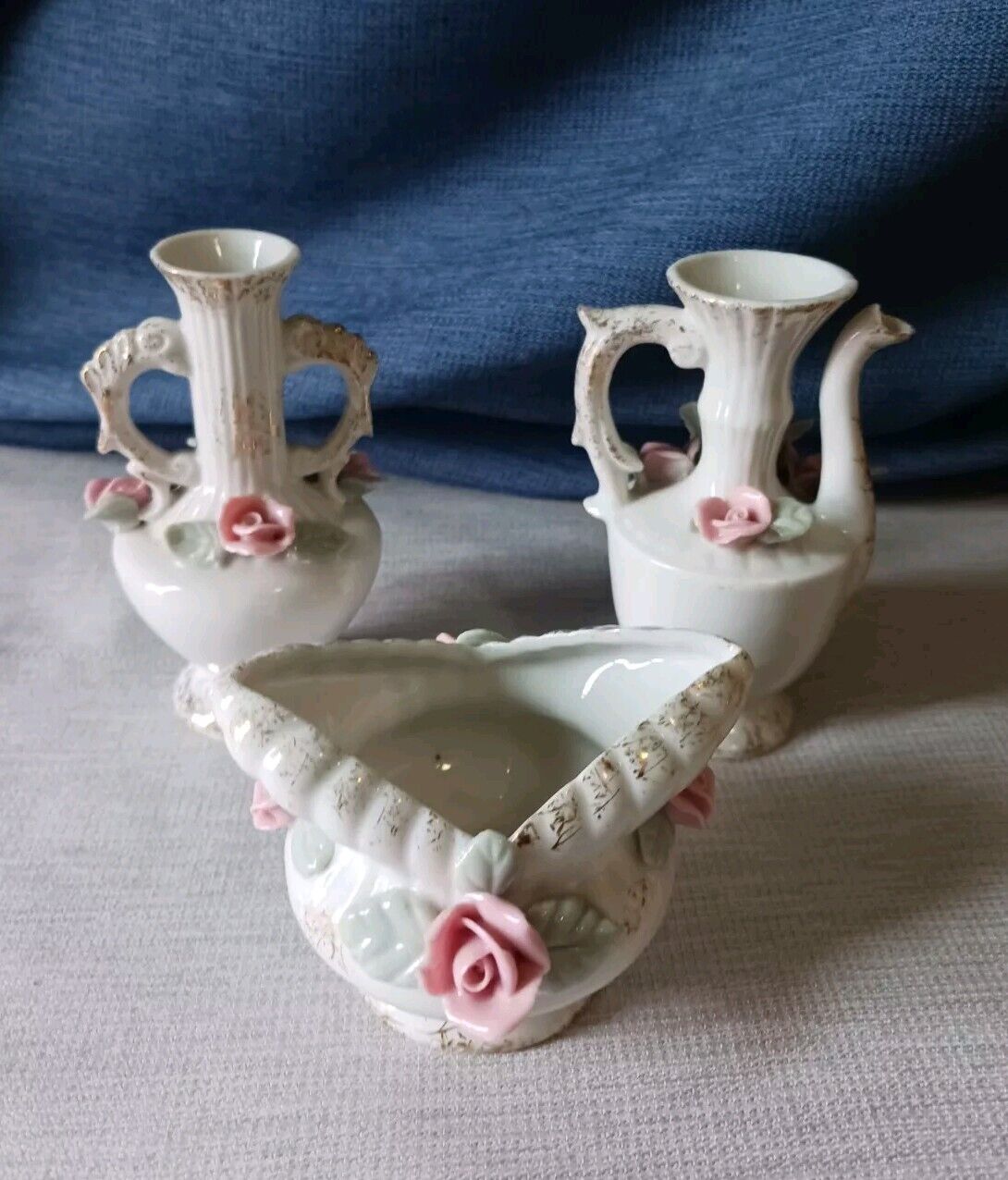 Lot Of 3 Vintage E-347 Mini Porcelain Vases Dainty Rose Pink Gold 2 to 4 in