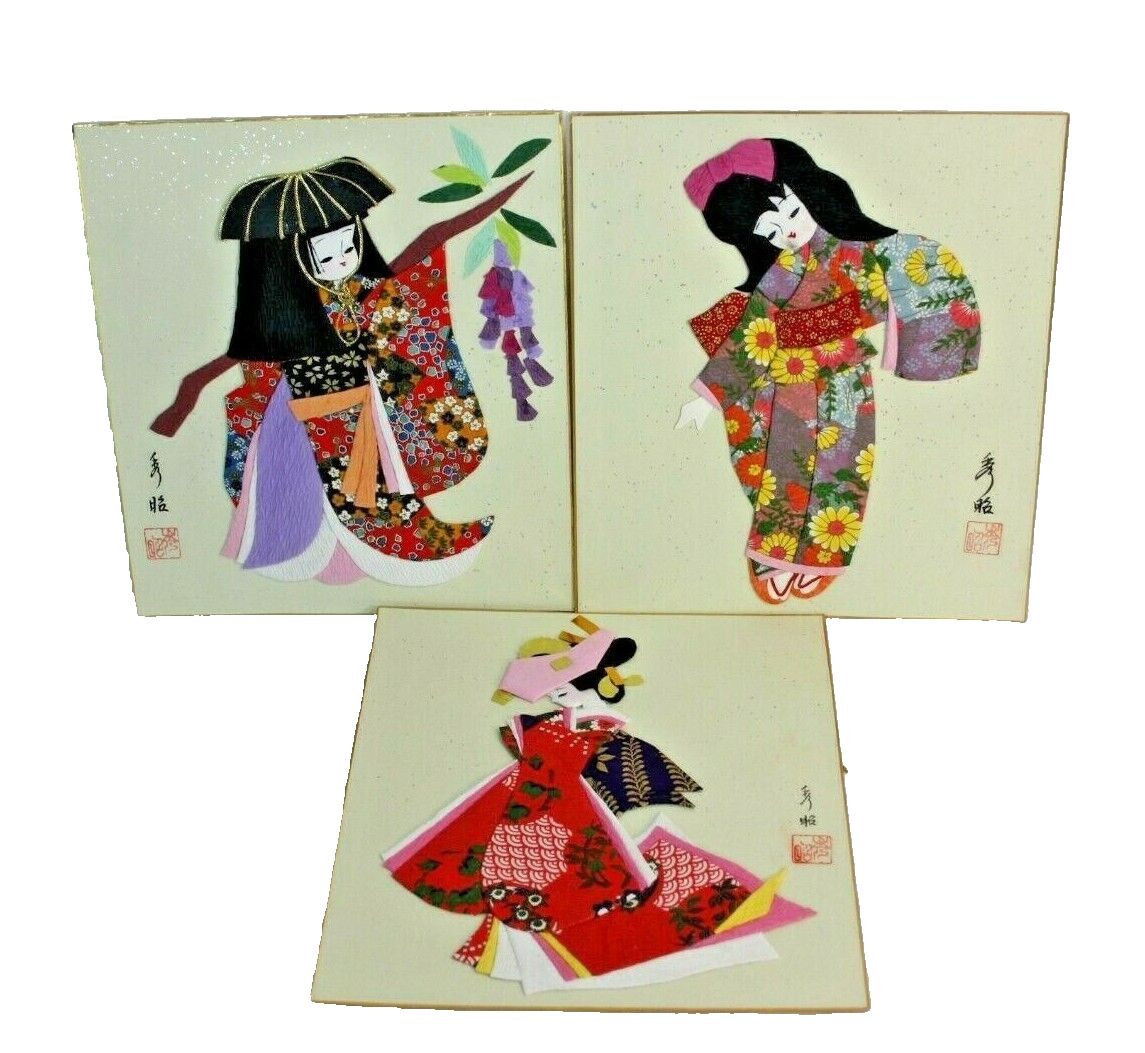 Japanese Art Collage Geisha Cloth and Paper Lot of 3 Fashion Dress