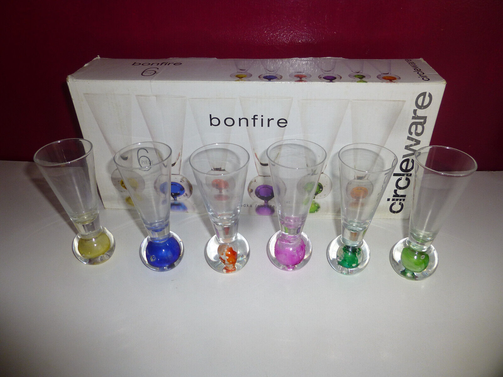 Circleware BONFIRE 6 Cordial Shot Glasses BUBBLE BALL Colored Base Barware