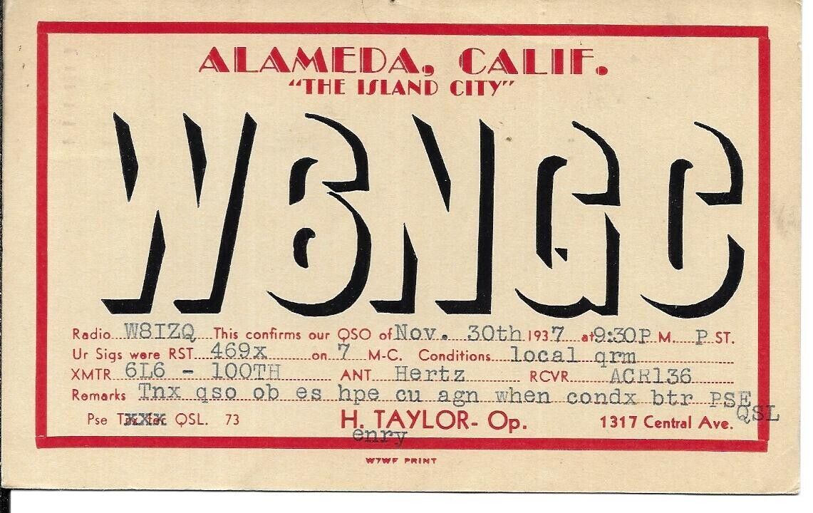 QSL 1937 Alameda CA   radio  card
