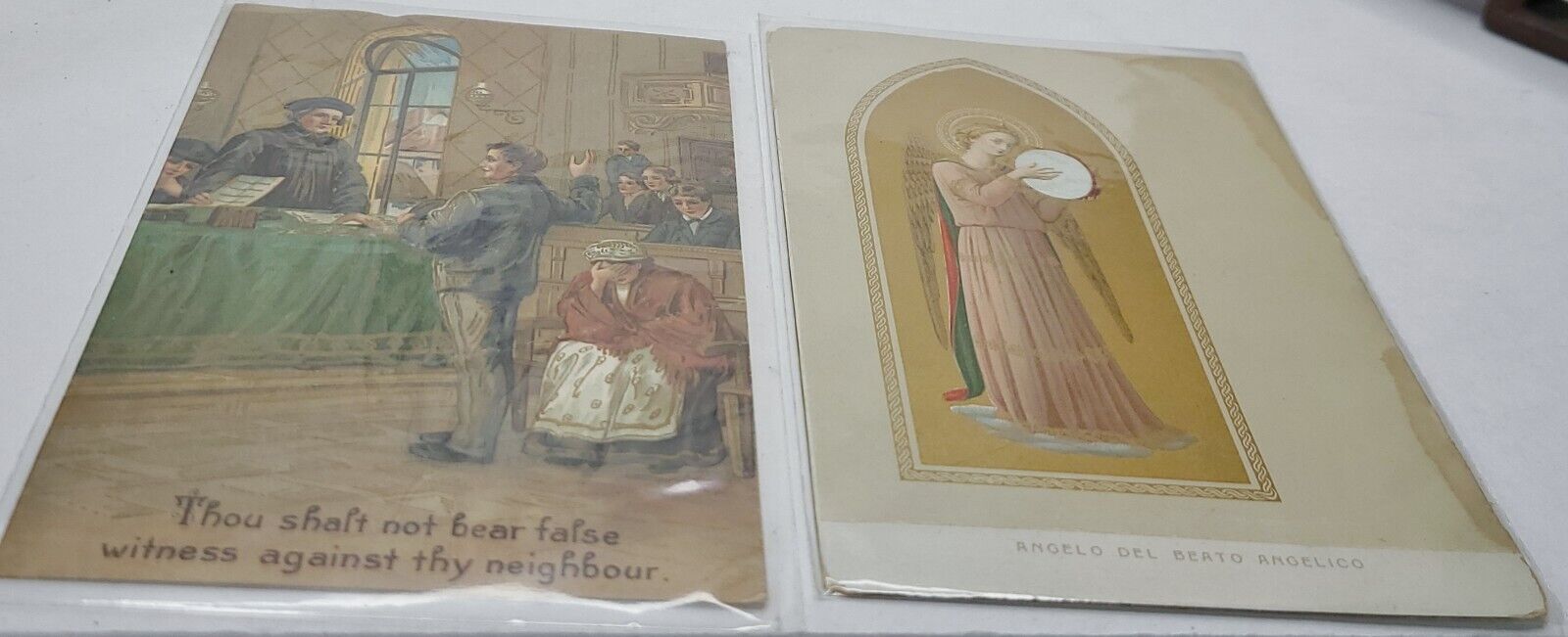2 Vintage Unmailed Religious Postcards Embossed False Witness Angel
