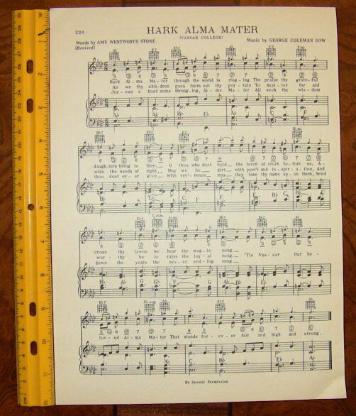 VASSAR COLLEGE Vintage Song Sheet c 1938 \