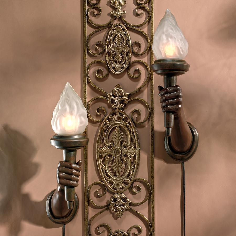 Set of 2: French Whimsy 1930s Style Hands Holding Glass Torches Wall Sconces