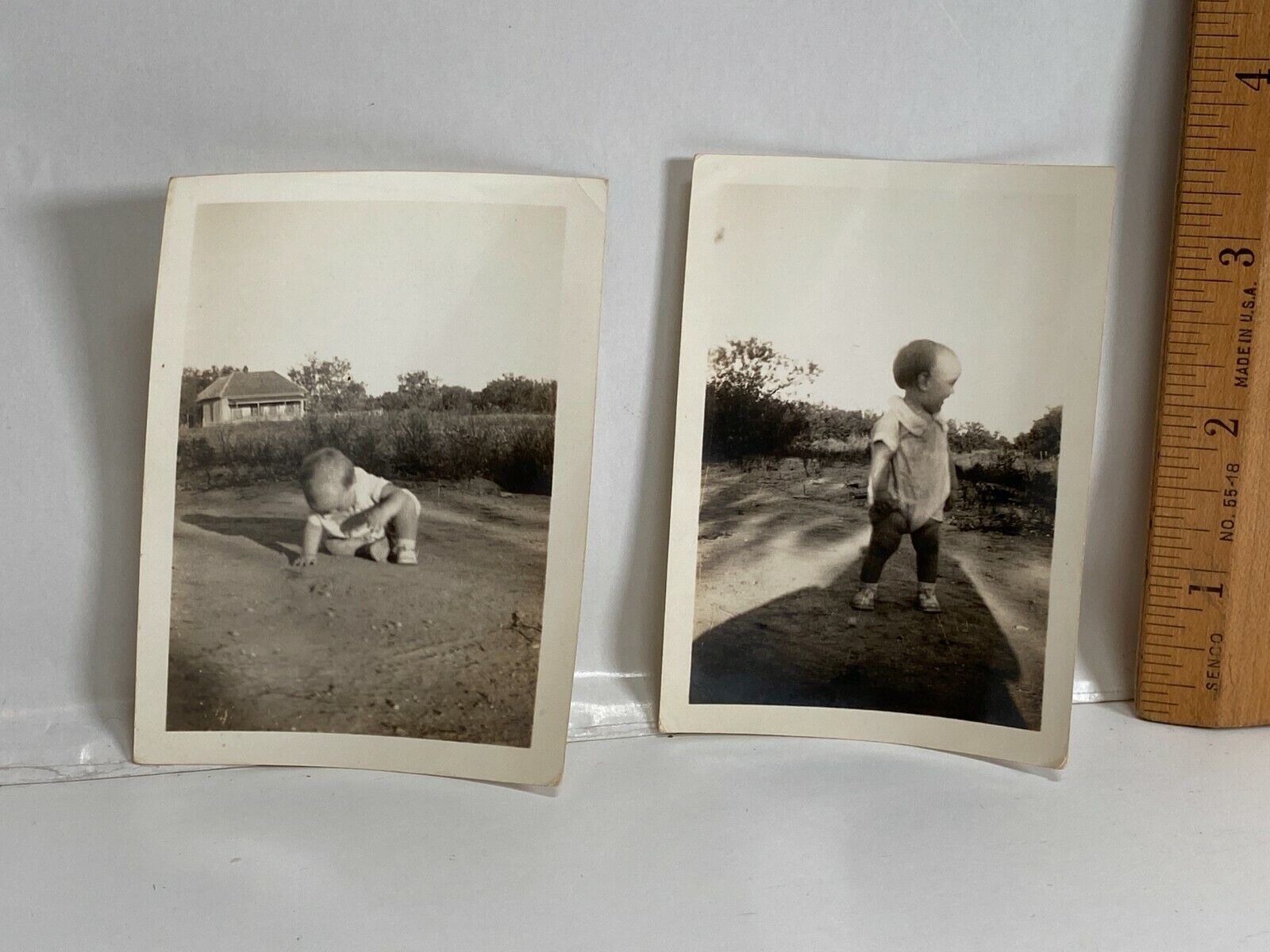 2 Vintage Baby Crawling Standing Walking Dirt 1935 Ranch Farm Black White Texas 