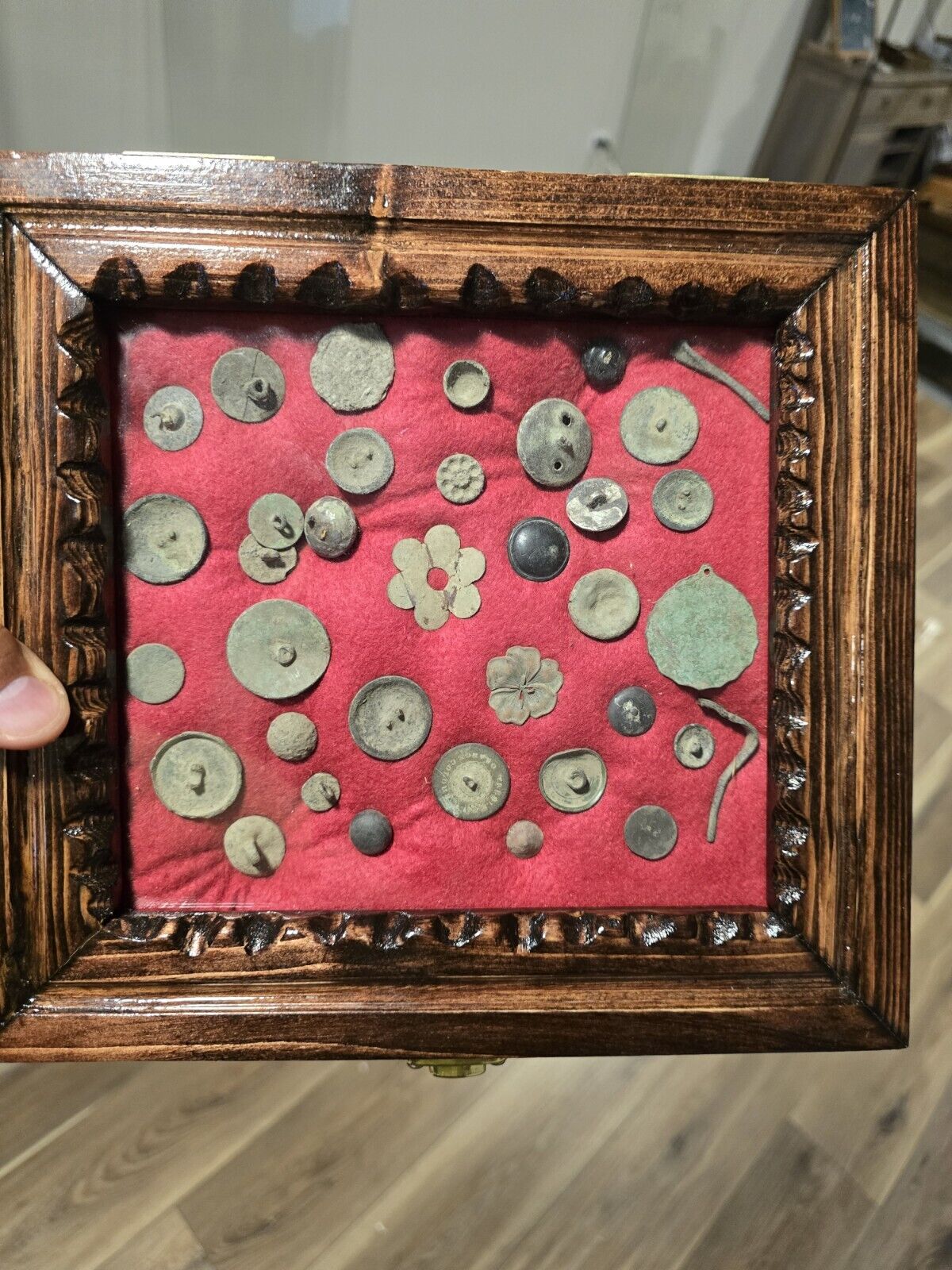 A Nice Frame Of Historic Trinkets And Buttons From Geneva New York