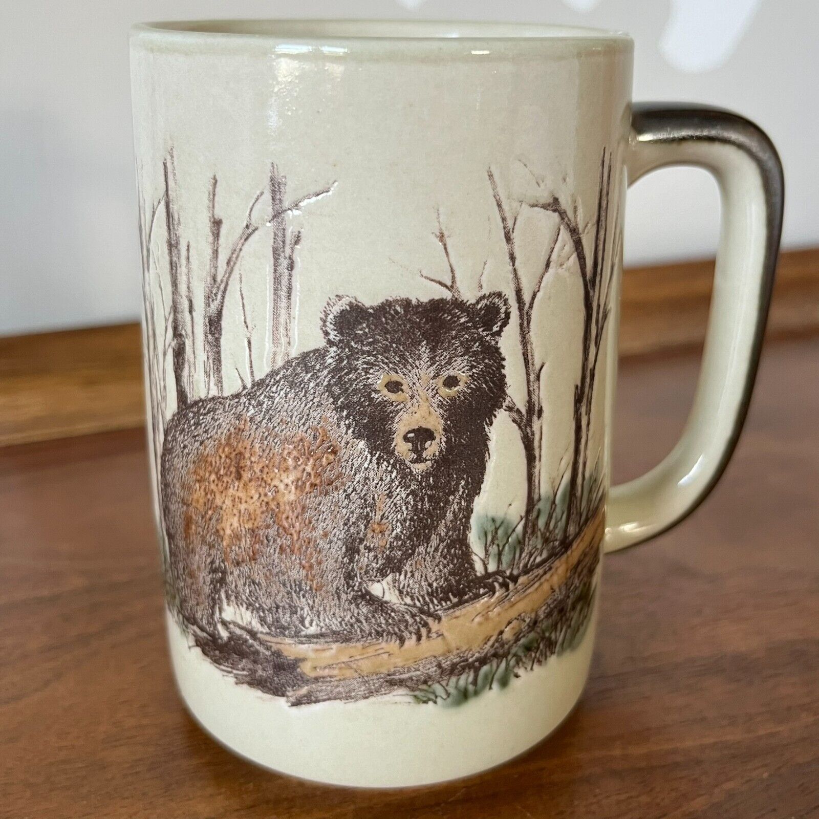 OTAGIRI Brown Grizzly Bear Tall Mug Embossed Forest Vintage Japan Stoneware Cup