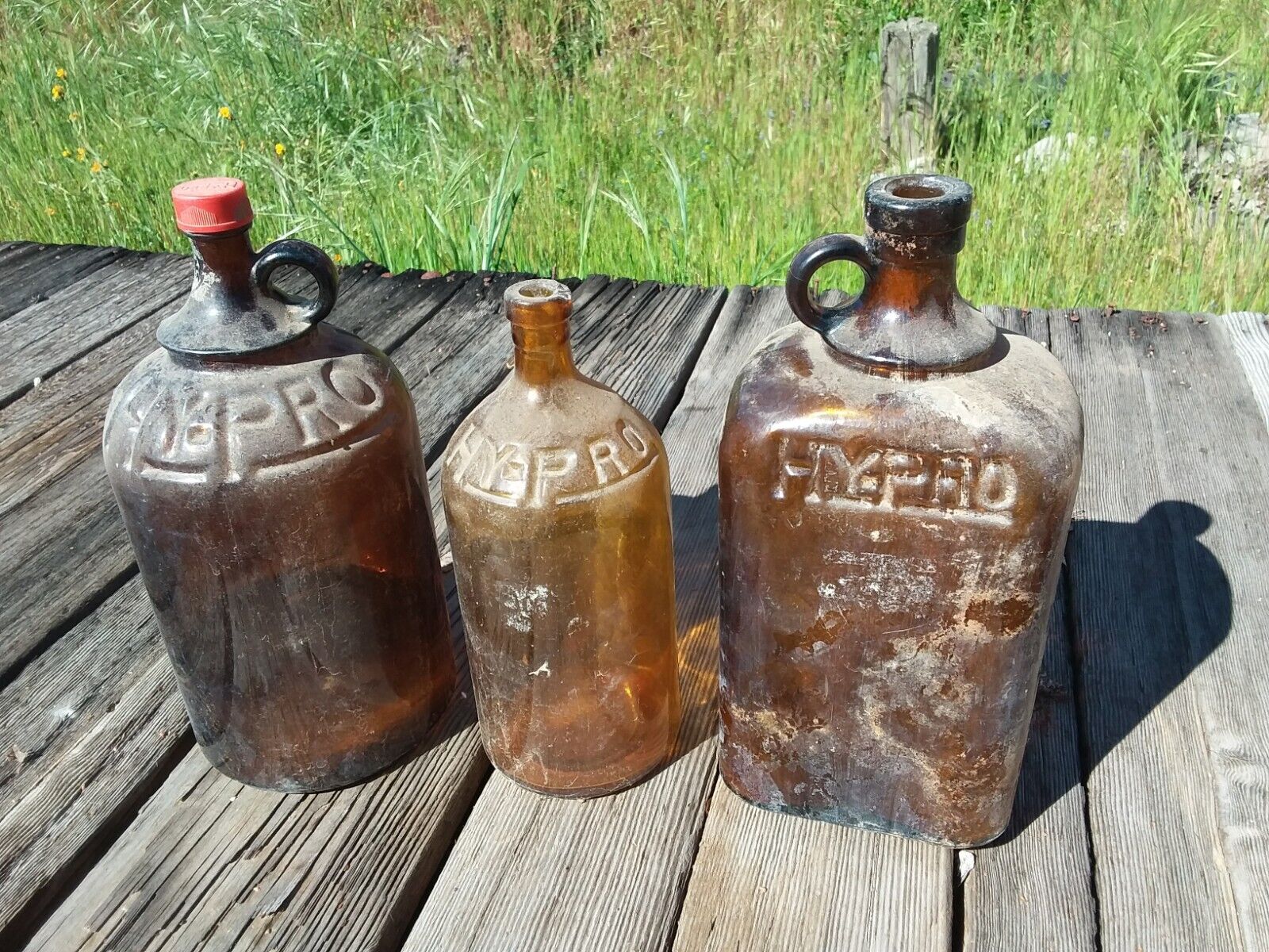 Lot of 3 Vintage Amber/Brown Glass Hy-Pro Bottles Chemical Cleaner Decor Collect