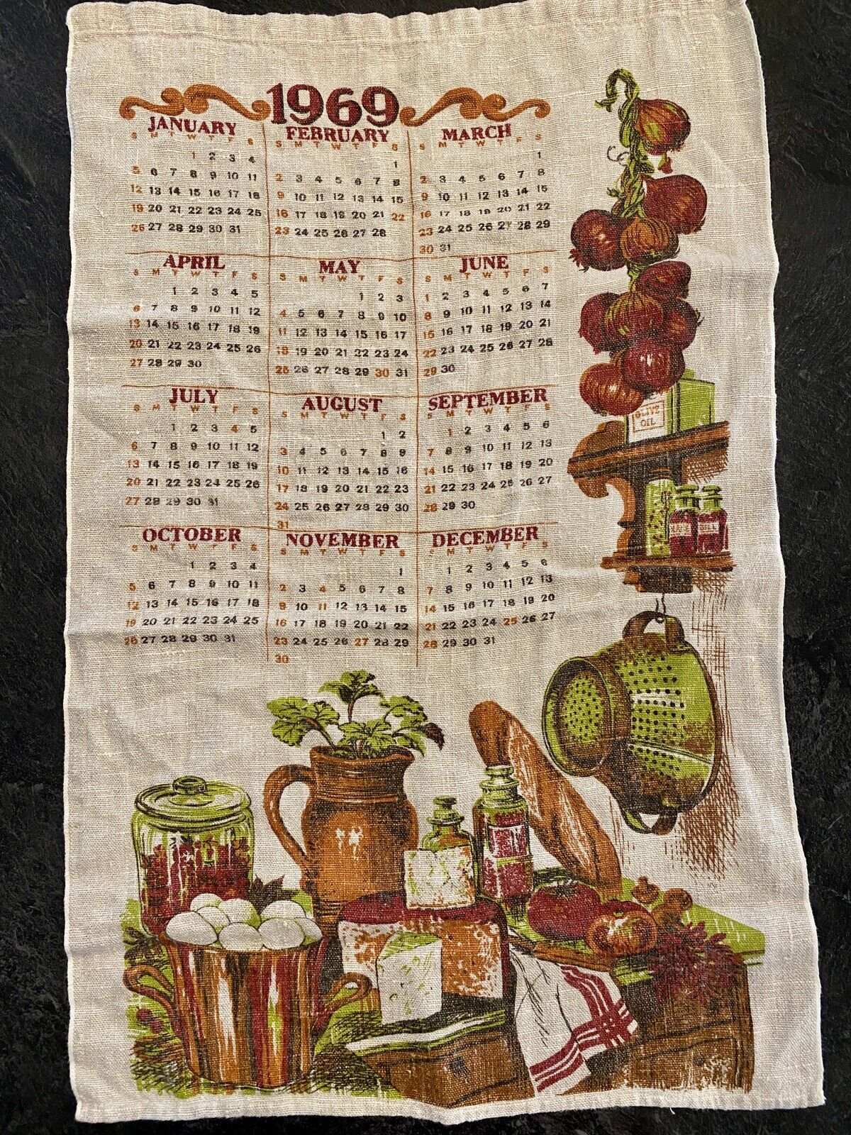 VTG 1969 Kitchen Linen Kitchen Towel Year Calendar Clean 24”x17” Fun Bday Gift