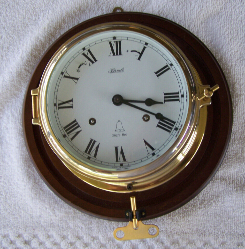 Vintage Hermle Germany Ship\'s Bell Clock With Key NICE 