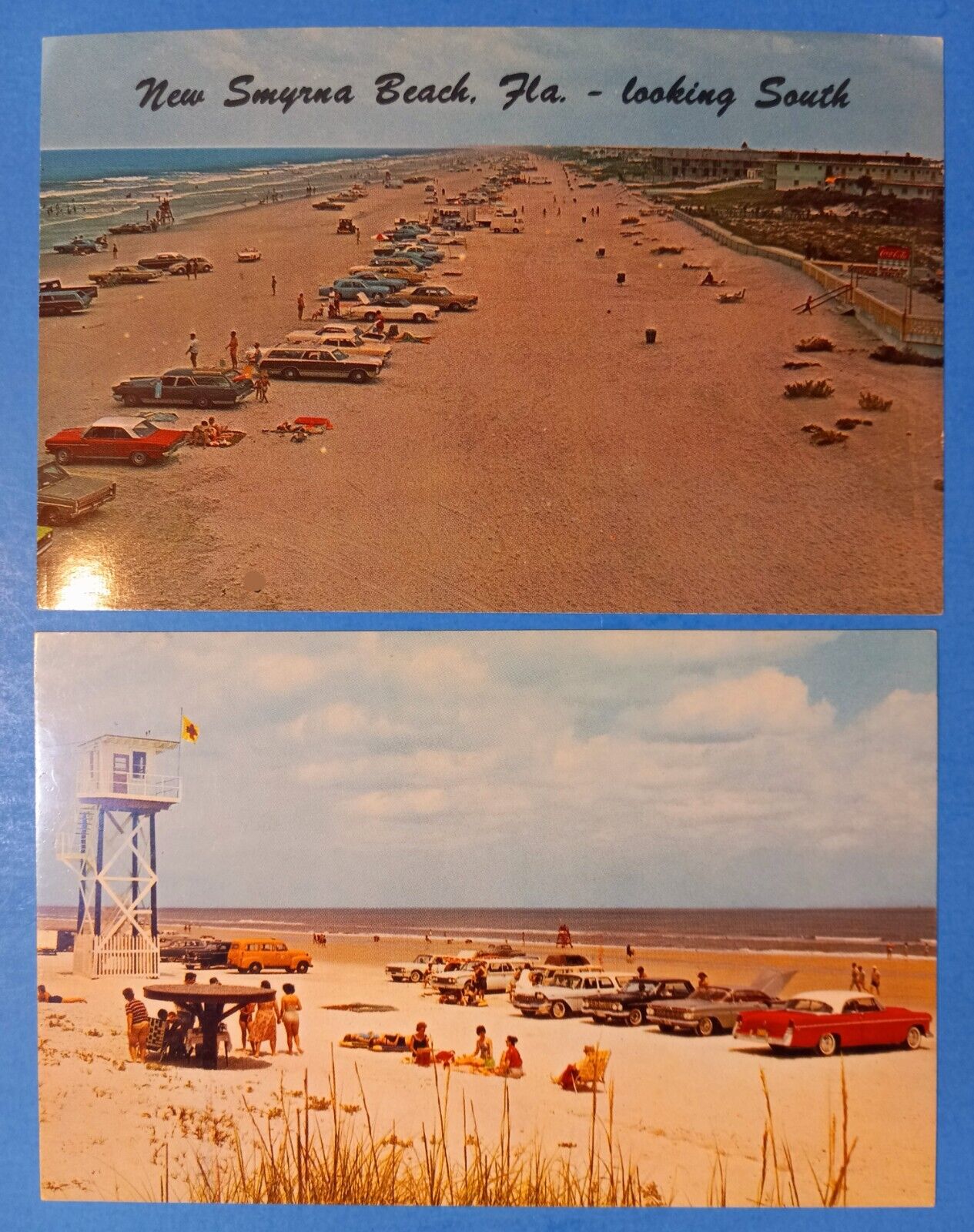 Postcard Lot of 2 New Smyrna Beach, FL ~ Beach Goers, Old Cars