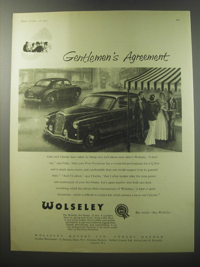 1955 Wolseley Four-Fortyfour and Six-Ninety Cars Ad - Gentlemen\'s agreement