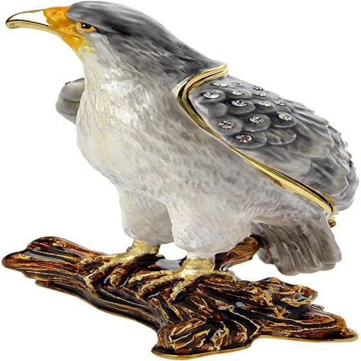Bejeweled Enameled Animal Trinket Box/Figurine-Eagle Gray Hawk Golden Home Decor