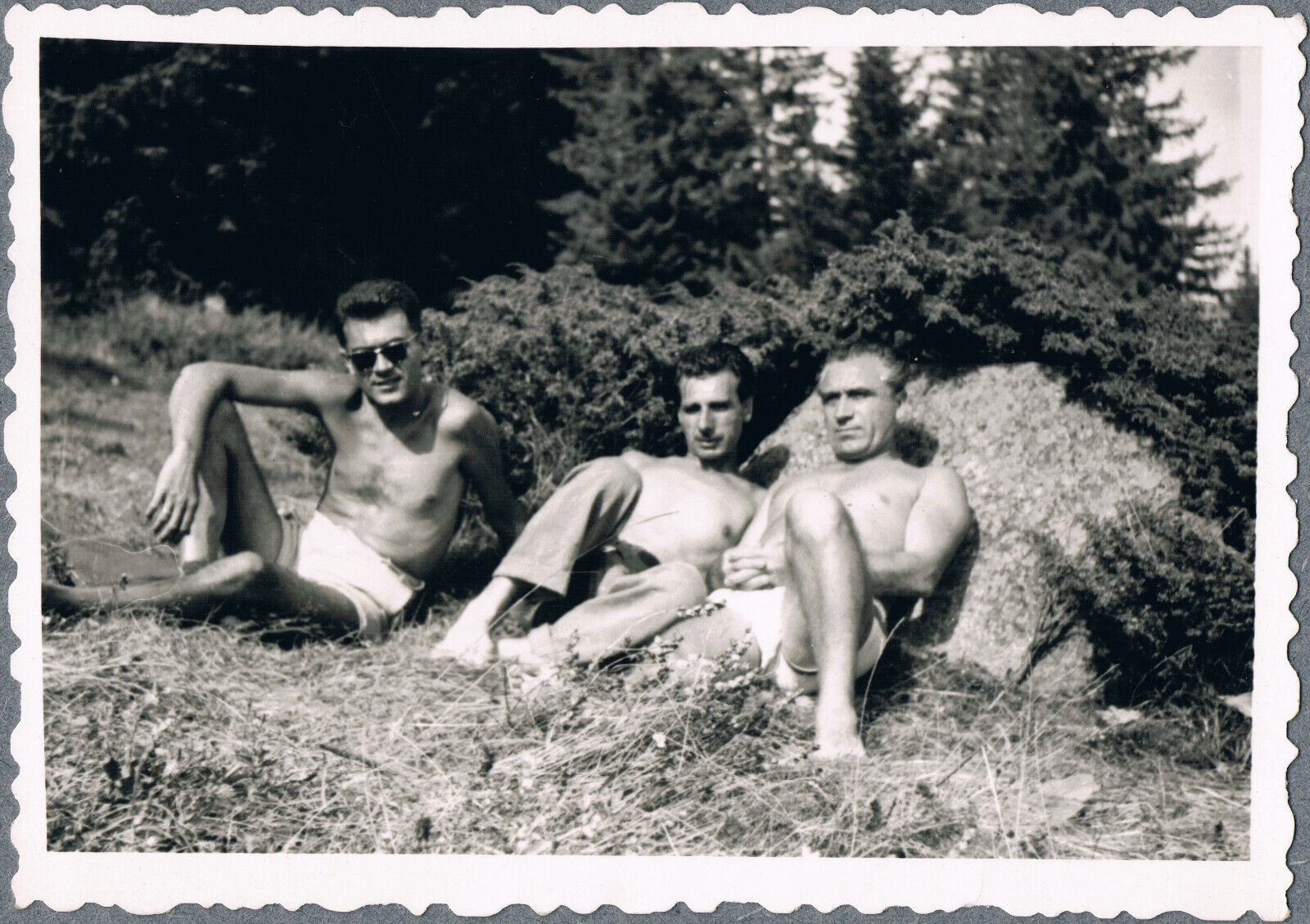 1960s Beefcake Bulge Shirtless Men Trunks Gay Interest Vintage Snapshot Photo