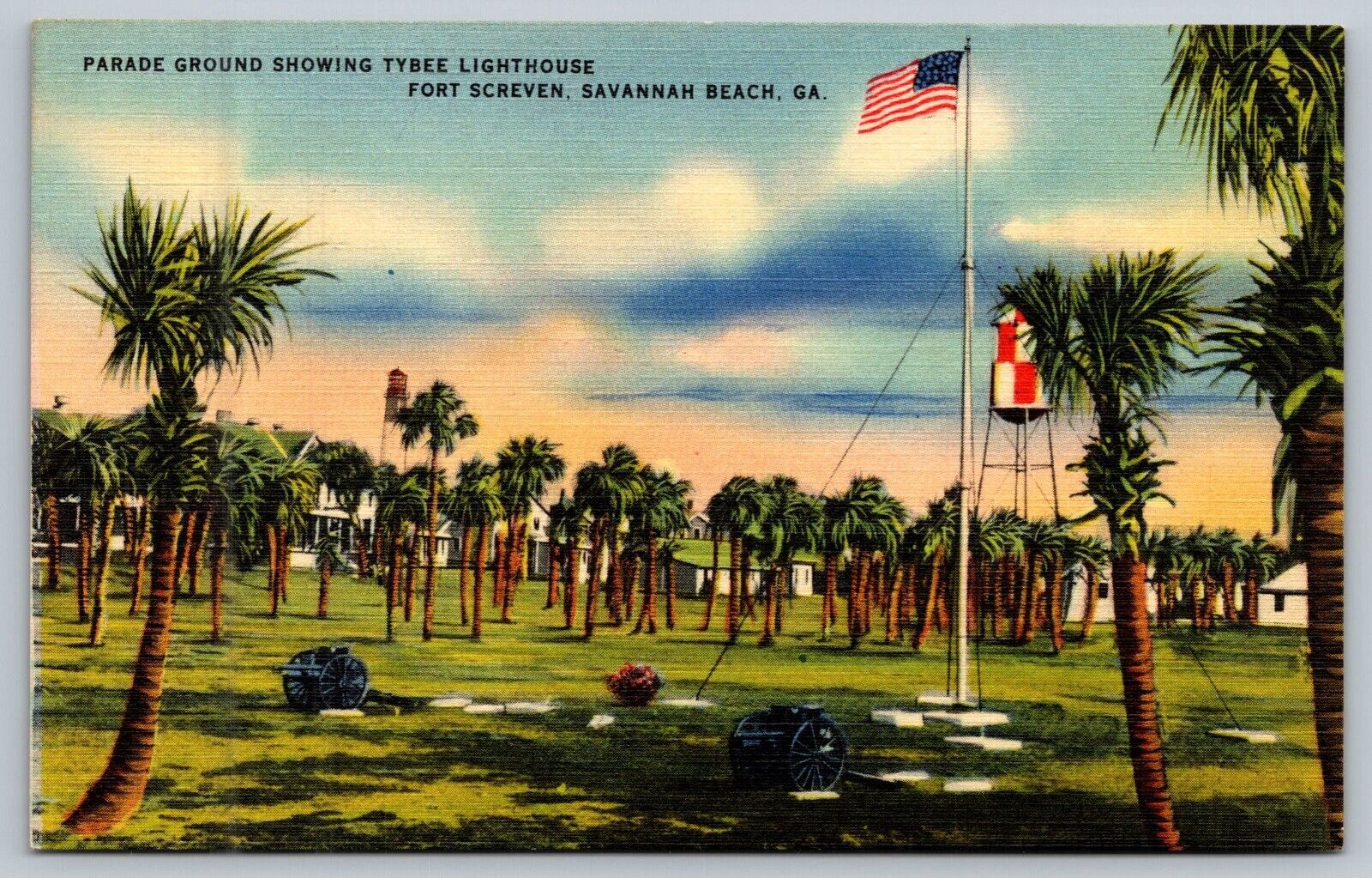 Savannah Beach Georgia~Parade Ground & Tybee Lighthouse~Vintage Linen Postcard