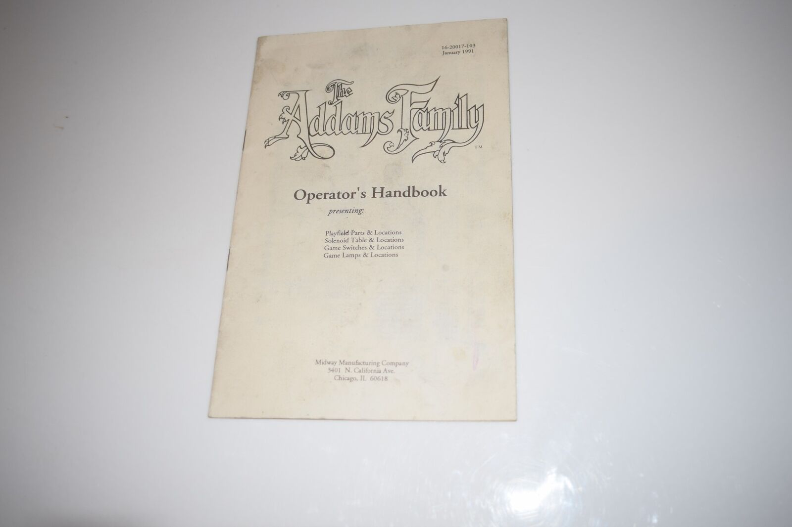 MIDWAY THE ADDAMS FAMILY OPERATOR'S HANDBOOK 16-20017-103 JAN 1991(BOOK790)