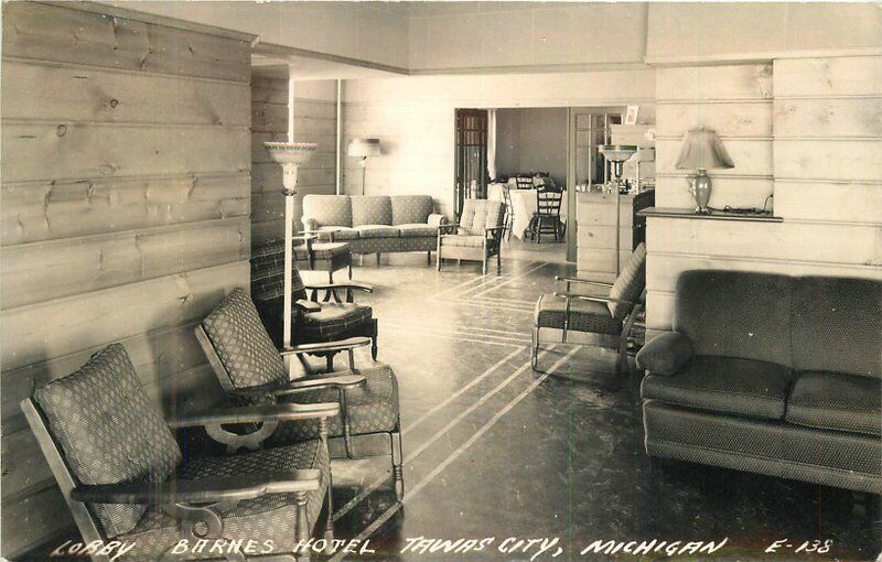Michigan Tawas City Lobby Barnes Hotel 1944 RPPC Photo Postcard 22-6048